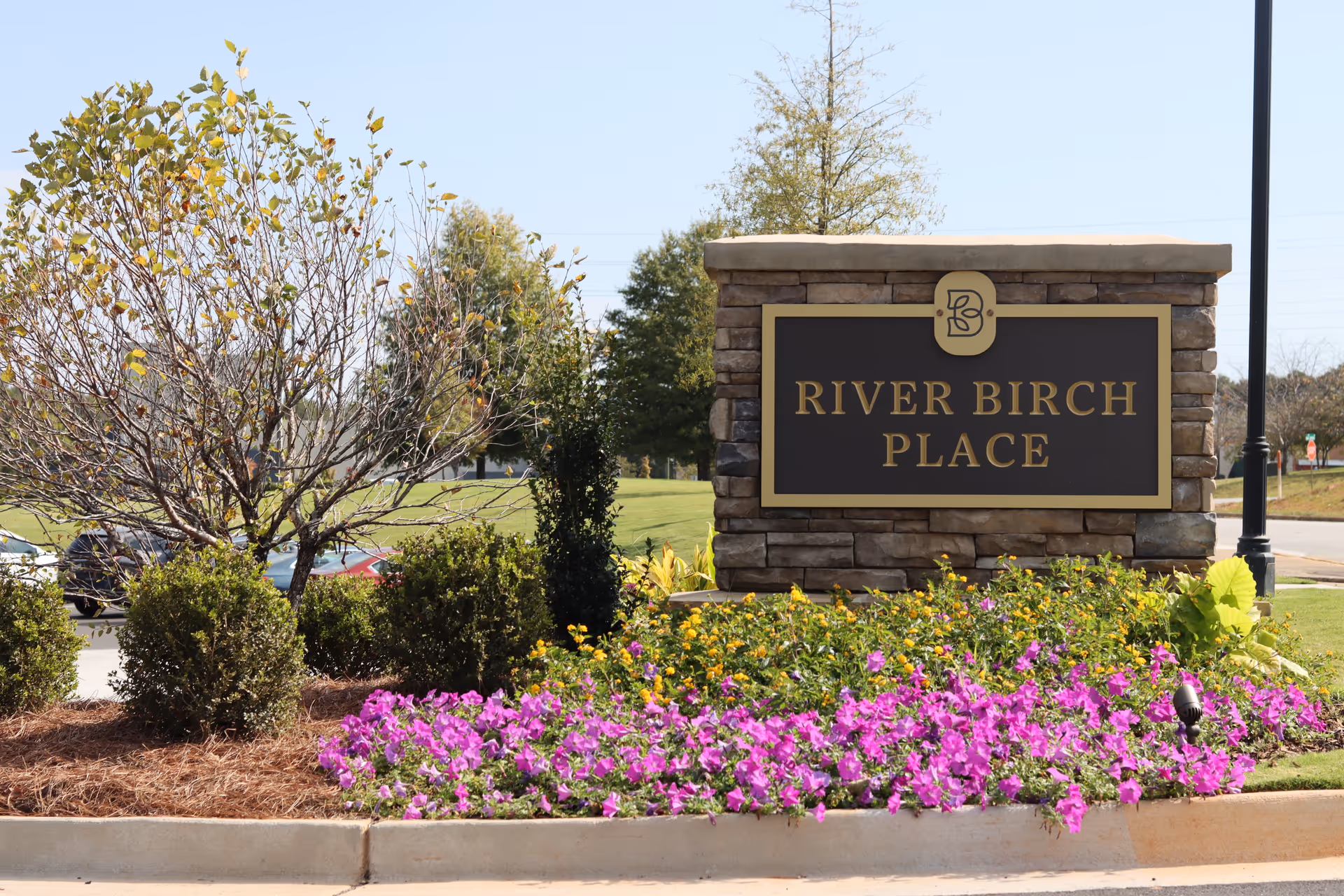Stone sign with gold lettering that reads 'RIVER BIRCH PLACE' surrounded by landscaped bushes and purple flowers, with a clear sky and some trees in the background.