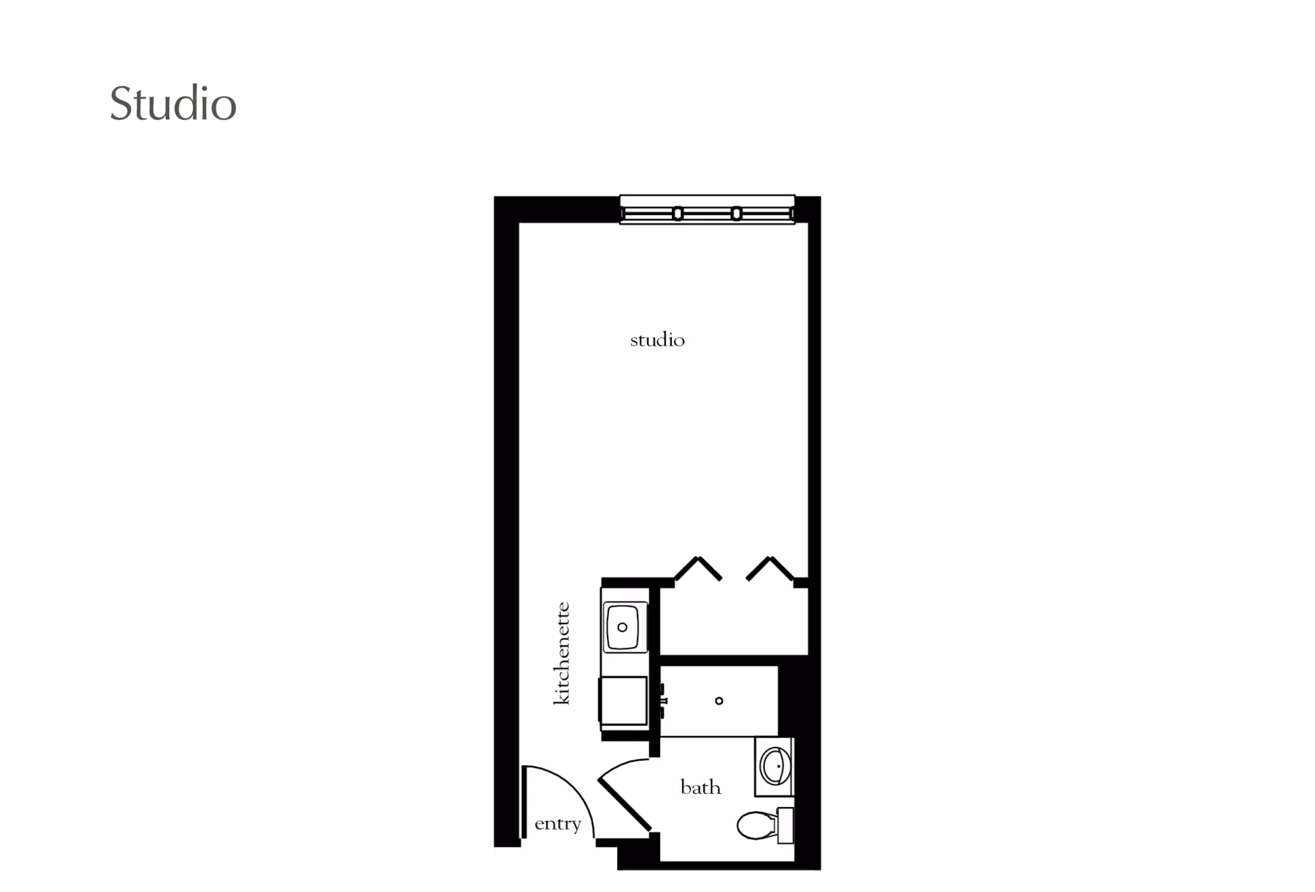 Floor plan of a studio apartment at Atria on the Hudson showing an entry, kitchenette, bath, and main studio living area.