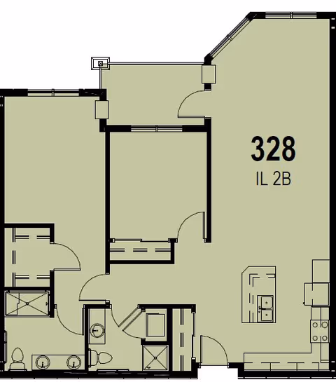 Architectural floor plan of unit 328 labeled IL 2B, showing layout including two bathrooms, kitchen area with island, and multiple rooms with doors and closets.
