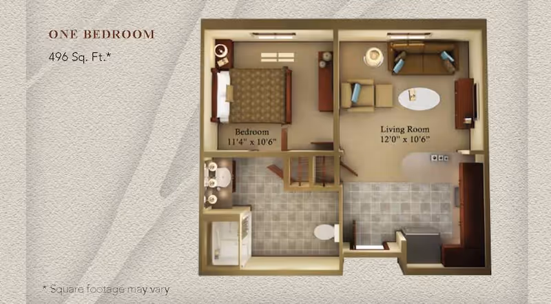 Floor plan of a one-bedroom assisted living apartment with 496 square feet. The layout includes a bedroom measuring 11 feet 4 inches by 10 feet 6 inches, a living room measuring 12 feet by 10 feet 6 inches, a bathroom with a shower, sink, and toilet, and a kitchen area adjacent to the living room.