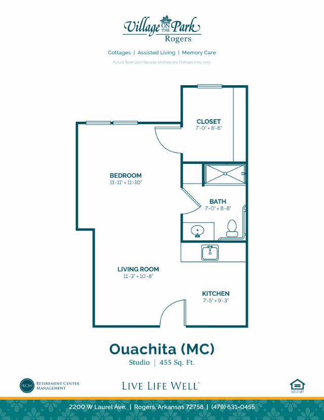 Floor plan diagram of the Ouachita studio apartment showing bedroom, living room, kitchen, bath, and closet at Village on the Park Rogers.