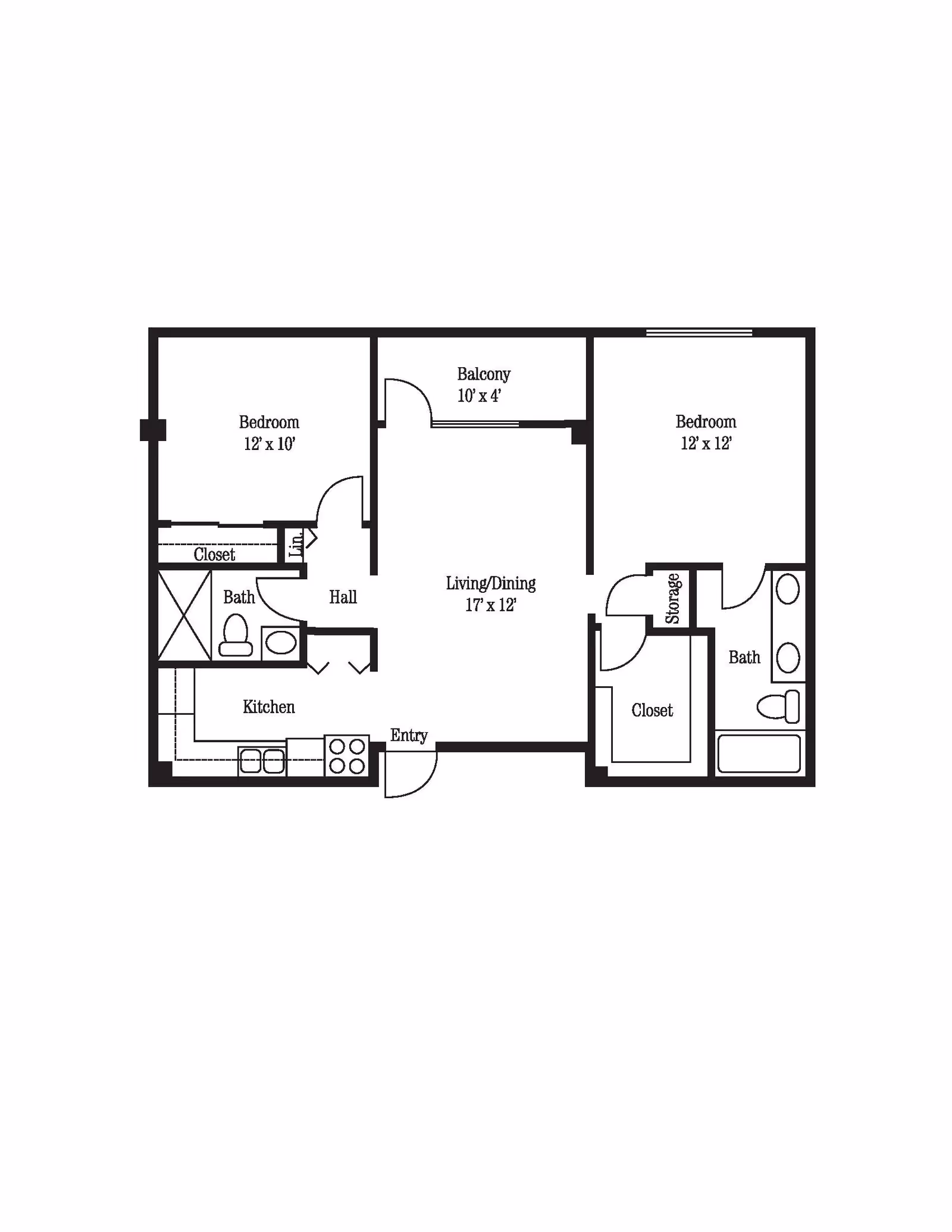 Black-and-white floor plan of a two-bedroom, two-bath apartment showing kitchen, living/dining area, balcony, closets and entry.