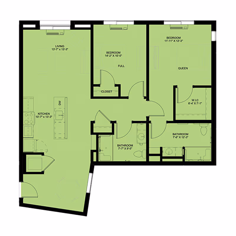 Floor plan of an apartment unit at Clearwater at The Arboretum showing two bedrooms, two bathrooms, a kitchen, and a living area. The layout includes labeled dimensions and furniture placements.