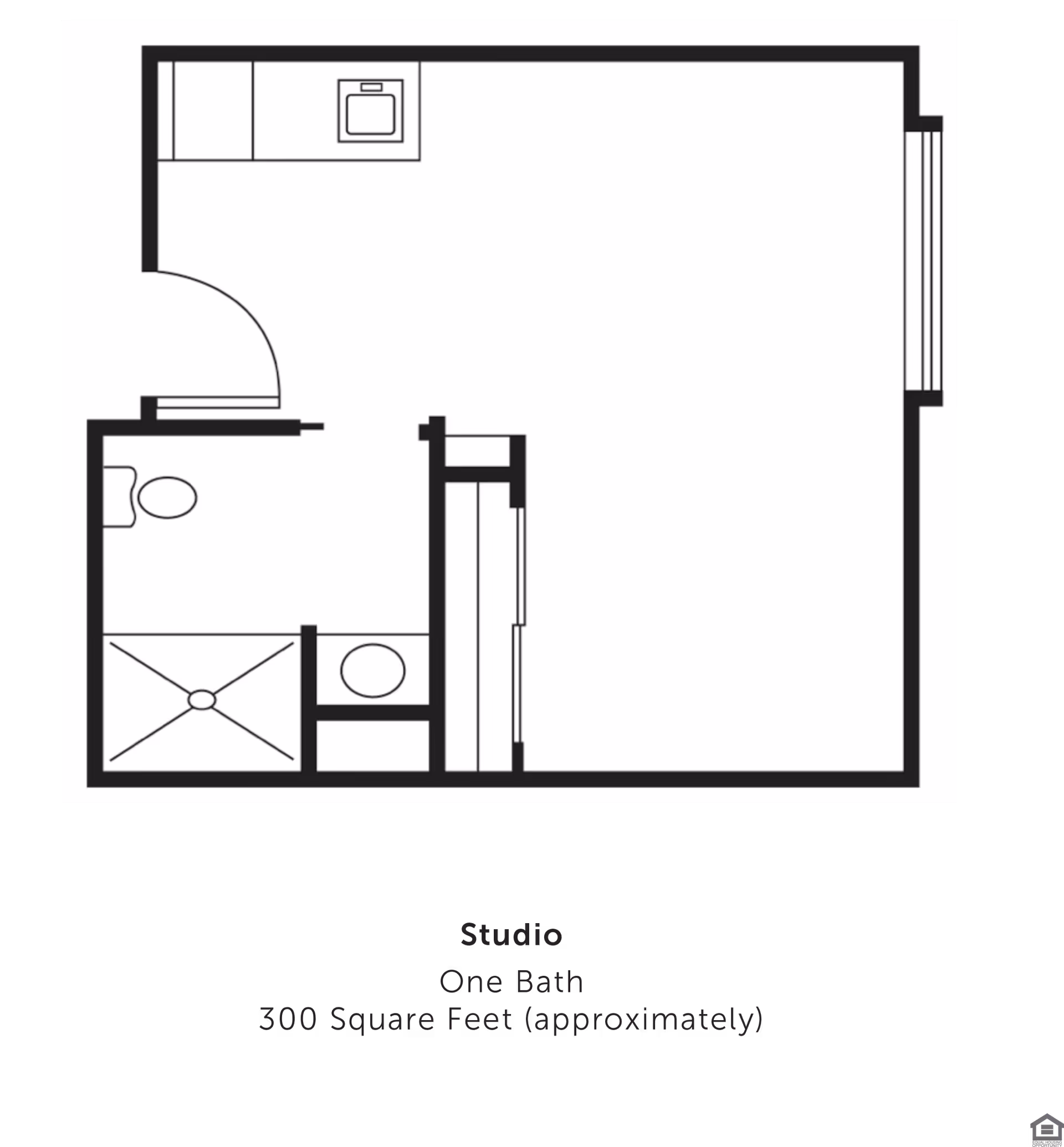 Floor plan of a studio apartment with one bathroom and a small kitchen area, approximately 300 square feet.