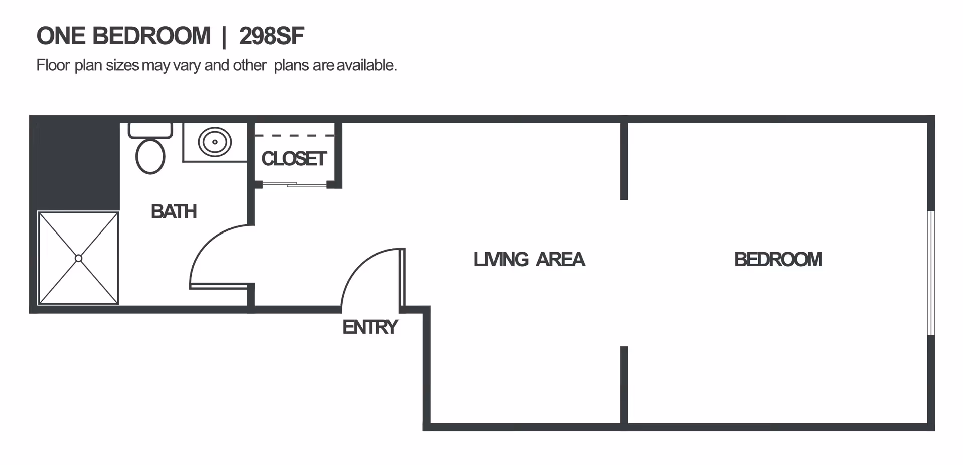 Floor plan of a one-bedroom apartment with 298 square feet. The layout includes a bath with a shower, toilet, and sink, a closet, an entry area, a living area, and a bedroom.