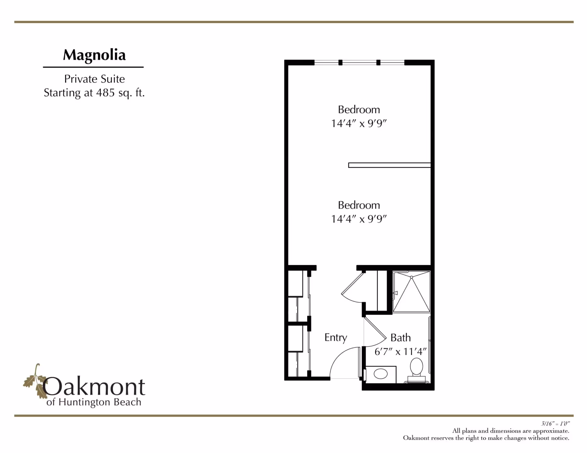 Floor plan titled "Magnolia" for a private suite showing two bedroom areas, an entry, and a bathroom with Oakmont of Huntington Beach branding.