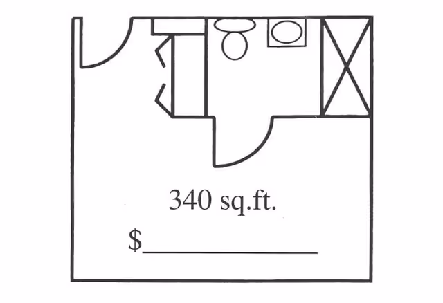 Floor plan of a 340 square foot living space including a bathroom with a toilet, sink, and shower, and a closet near the entrance.