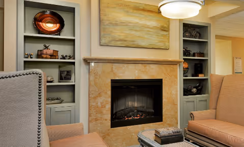 Cozy seating area with a central fireplace flanked by built-in shelves, armchairs, and wall art.
