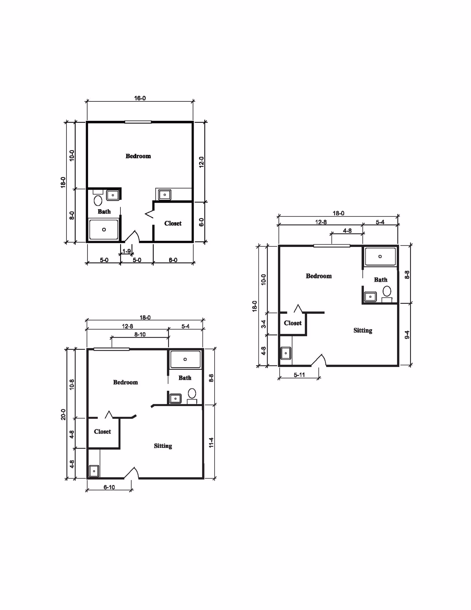 Architectural floor plans showing three different layouts of bedrooms with attached bathrooms, closets, and sitting areas, including dimensions in feet and inches.