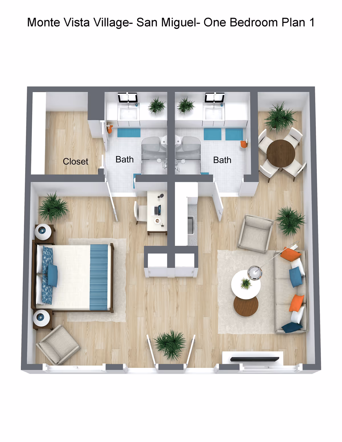3D floor plan of Monte Vista Village one-bedroom apartment showing a bedroom with a bed and chair, a closet, two bathrooms each with a sink and toilet, a living room with a sofa, armchair, coffee table, and TV, a dining area with a round table and four chairs, and several plants throughout.