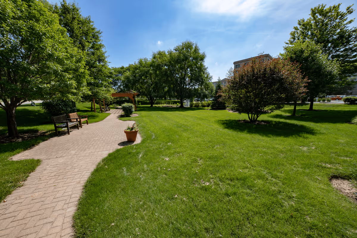 A sunny outdoor garden area with a paved walkway, green grass, several trees, benches along the path, and a wooden pergola in the distance. A building is partially visible in the background under a clear blue sky.