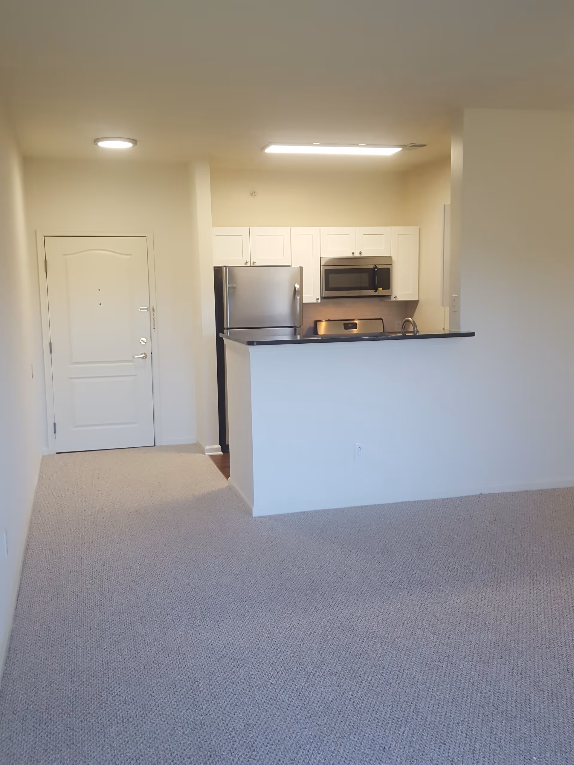 Interior view of a small apartment or living space showing a carpeted floor, a white front door on the left, and a compact kitchen area with white cabinets, a stainless steel refrigerator, microwave, and stove. The kitchen has a black countertop with a small overhang.
