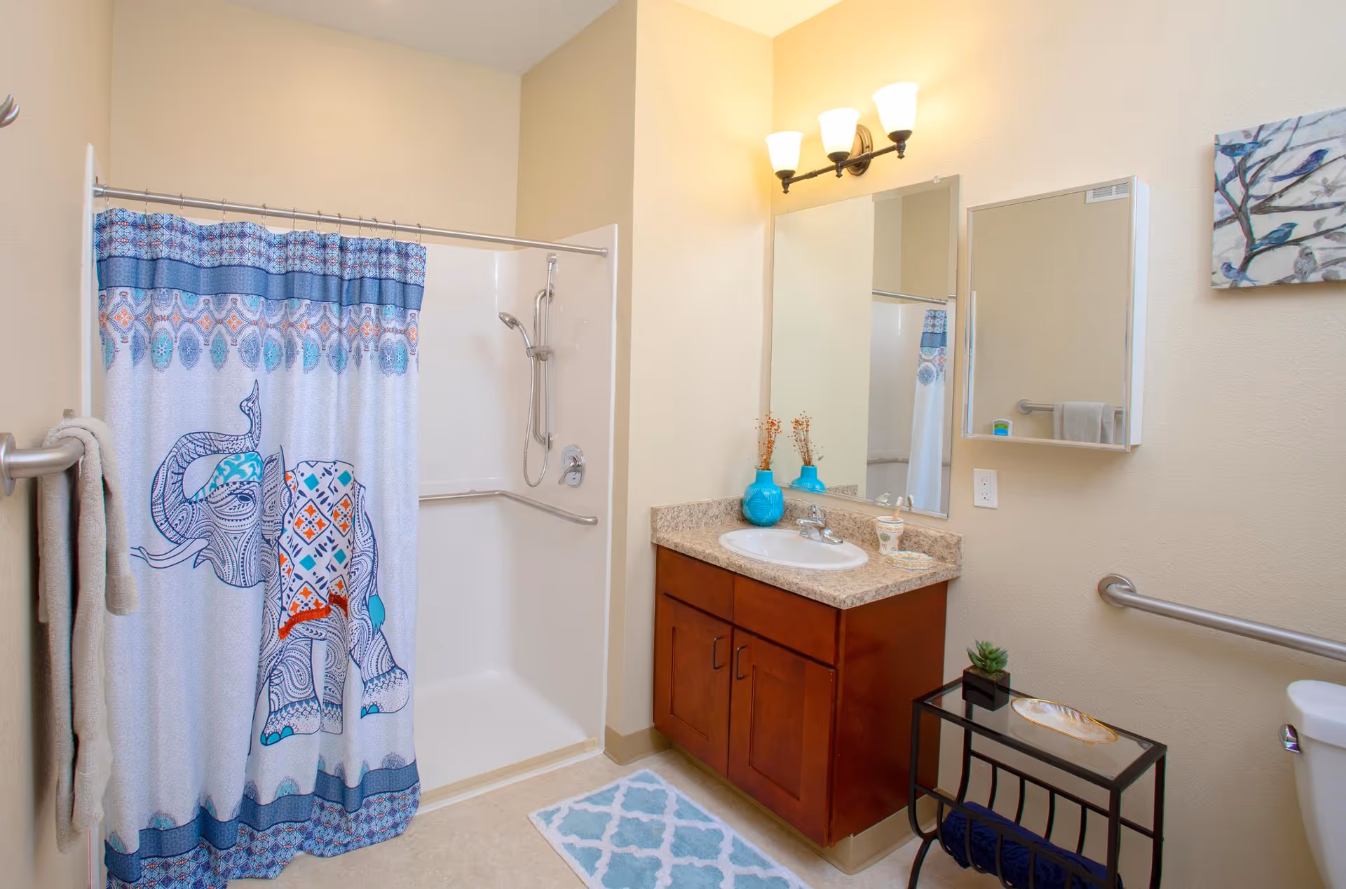 A bathroom with a shower area featuring a colorful elephant-patterned shower curtain, a wooden vanity with a sink and granite countertop, a large mirror above the sink, a small decorative table with a plant and dish, a toilet, and beige walls with a small piece of artwork.