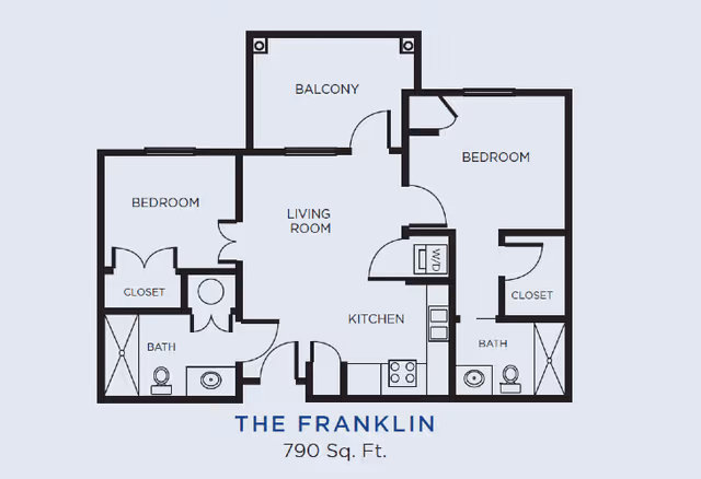Floor plan of The Franklin apartment at Gardens of Gainesville showing two bedrooms, two bathrooms, a kitchen, living room, closets, and a balcony, covering 790 square feet.