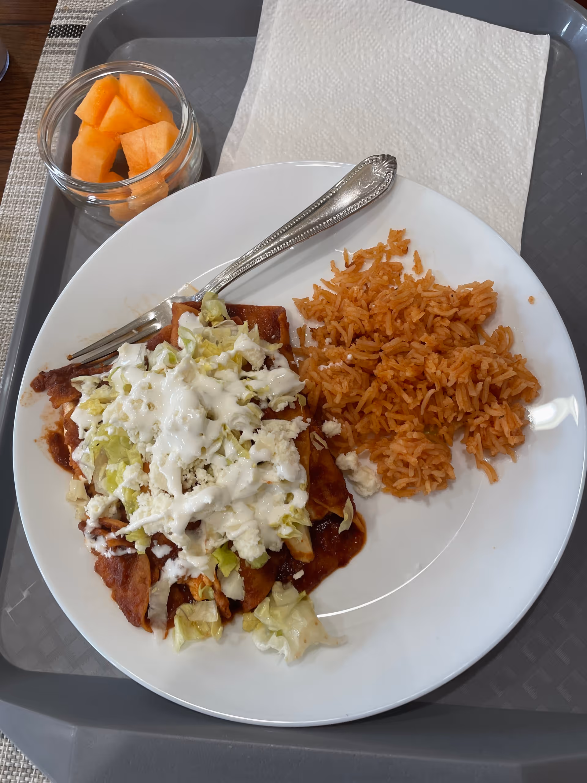 A white plate with a serving of enchiladas topped with lettuce, white cheese, and sour cream, accompanied by a portion of Mexican rice. A fork rests on the plate. Next to the plate is a small glass bowl containing cantaloupe pieces, all placed on a gray tray with a white paper napkin.