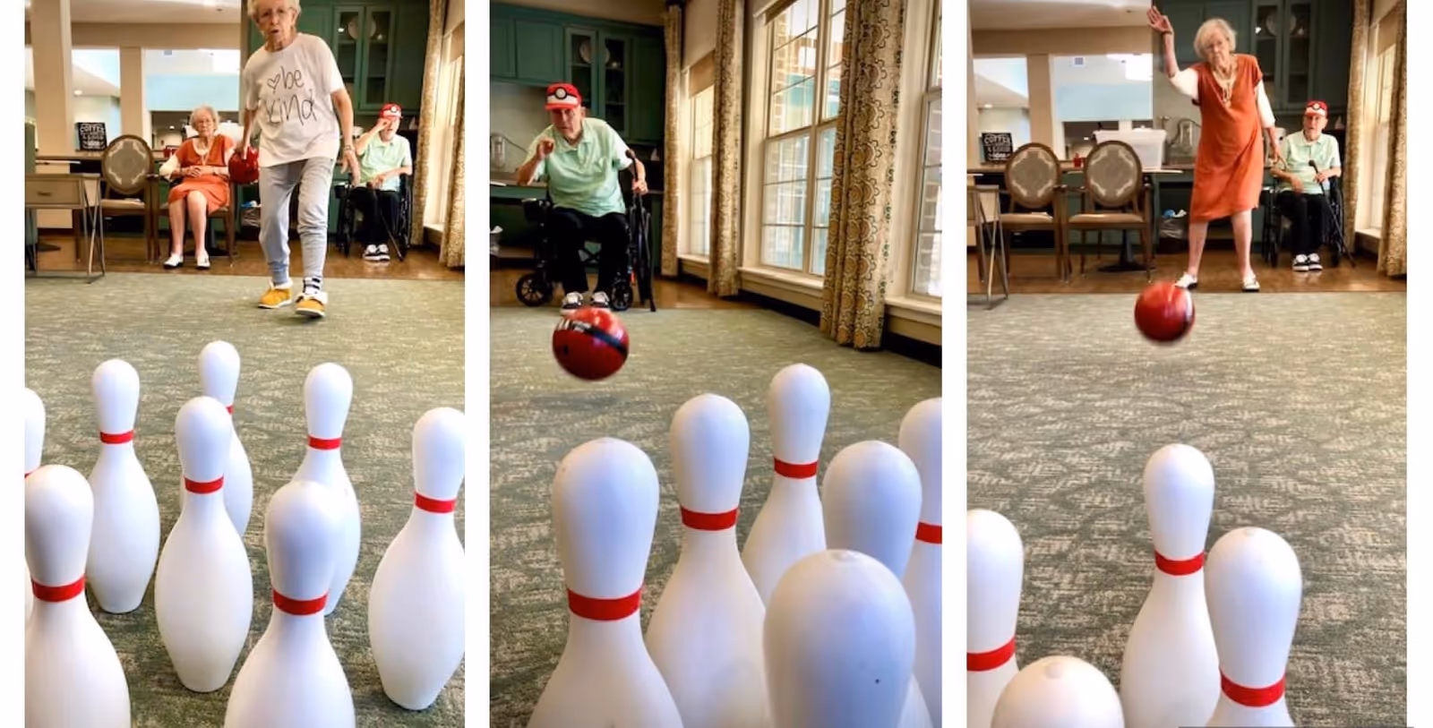 Three images showing elderly residents at Proveer at Northgate playing indoor bowling. In the first image, a woman in a white shirt and gray pants is about to roll a red bowling ball towards white pins with red stripes. In the second image, a man in a wheelchair wearing a red cap and green shirt is rolling the ball. In the third image, a woman in an orange dress is rolling the ball while another resident in a wheelchair watches. The setting is a carpeted room with large windows and curtains, and chairs are visible in the background.