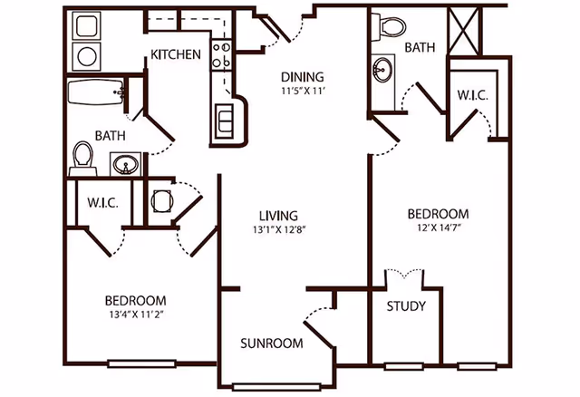 Black-and-white floor plan of a two-bedroom, two-bath apartment showing kitchen, dining, living room, sunroom and study.