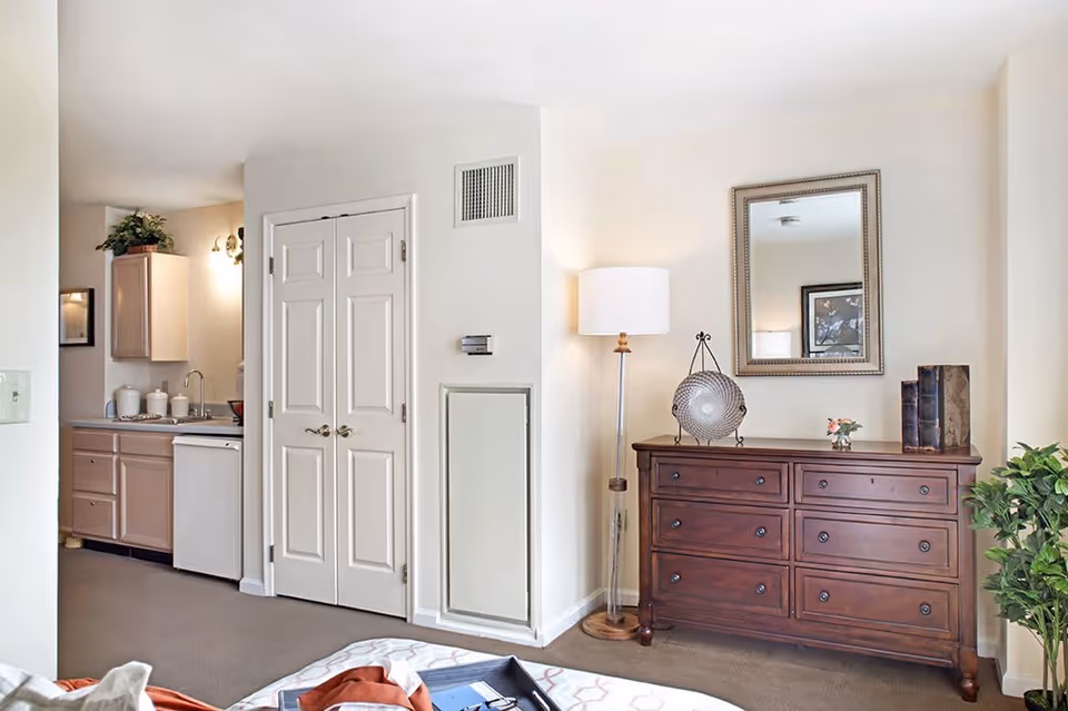 Interior view of a senior living facility room showing a wooden dresser with a decorative plate, a small flower vase, and books on top. Above the dresser is a framed mirror. To the right of the dresser is a tall floor lamp and a green potted plant. To the left, there is a small kitchen area with cabinets, a sink, and a dishwasher. A double-door closet is visible in the center of the image.