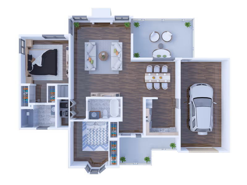 Top-down 3D floor plan of a single-story home showing a bedroom with a black bedspread, a bathroom with a bathtub, a living room with two sofas and a coffee table, a dining area with a table and six chairs, a kitchen, a garage with a car, and two outdoor patio areas with seating and plants.