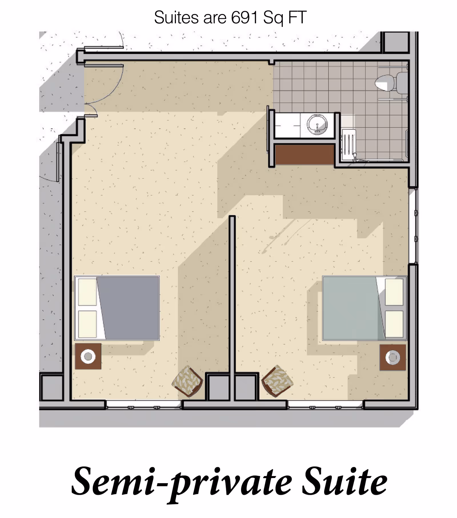 Floor plan of a semi-private suite at Heather Court at Nottingham Village showing two separate sleeping areas each with a bed and nightstand, two chairs in the middle, and a shared bathroom with a sink, toilet, and shower. The total suite area is 691 square feet.