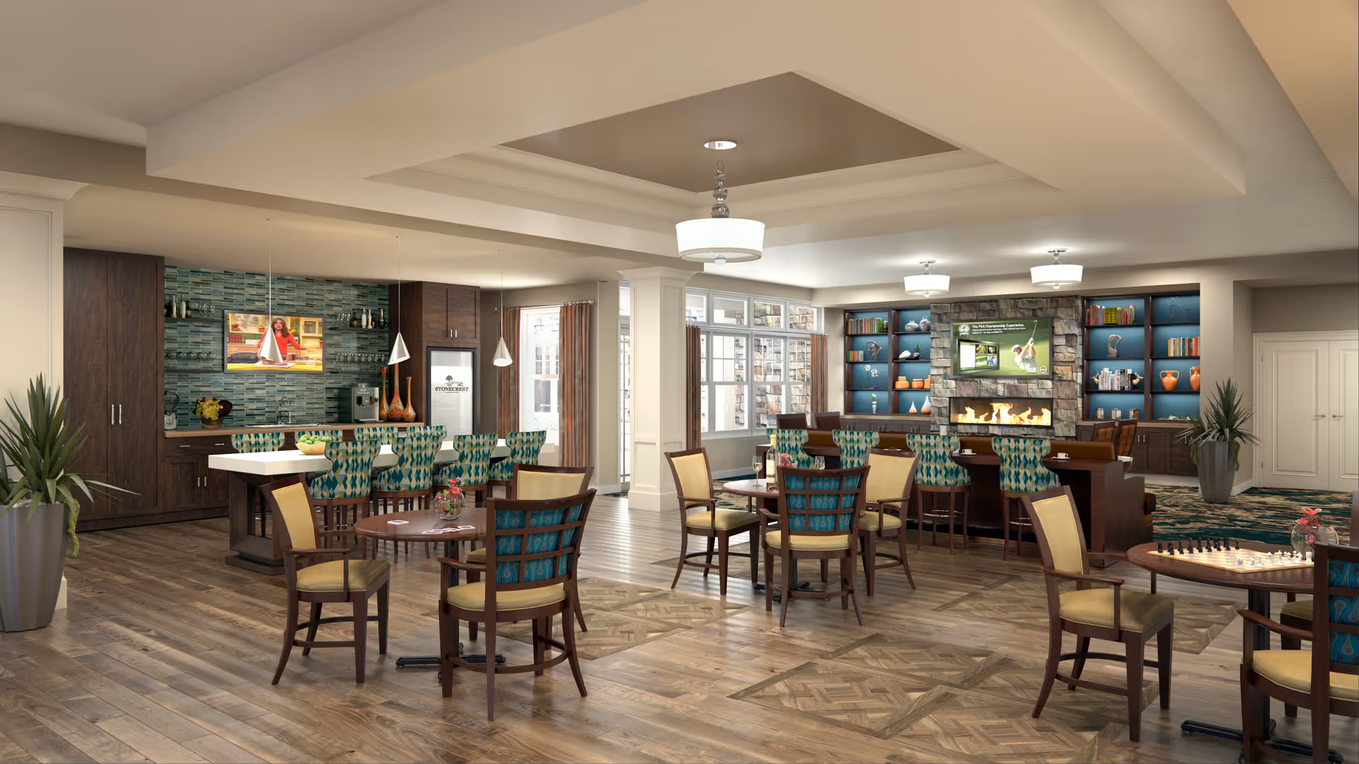 A spacious and well-lit common area in a senior living facility featuring multiple round tables with chairs, a bar counter with high chairs, a fireplace with built-in shelves displaying decorative items, and large windows allowing natural light to fill the room. The flooring is wooden, and the ceiling has recessed lighting fixtures.