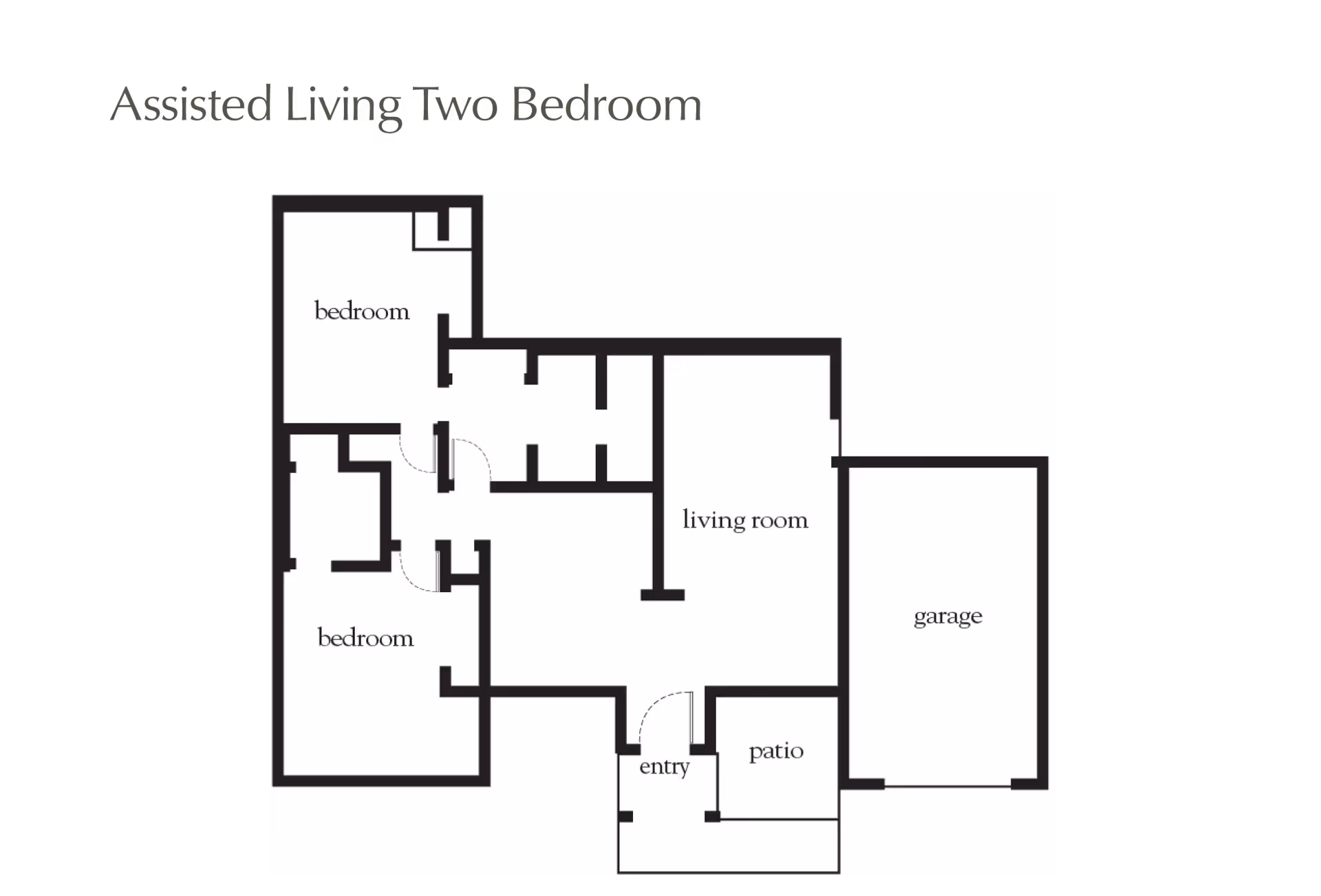 Floor plan layout of an assisted living two-bedroom unit showing two bedrooms, a living room, entry, patio, and garage.