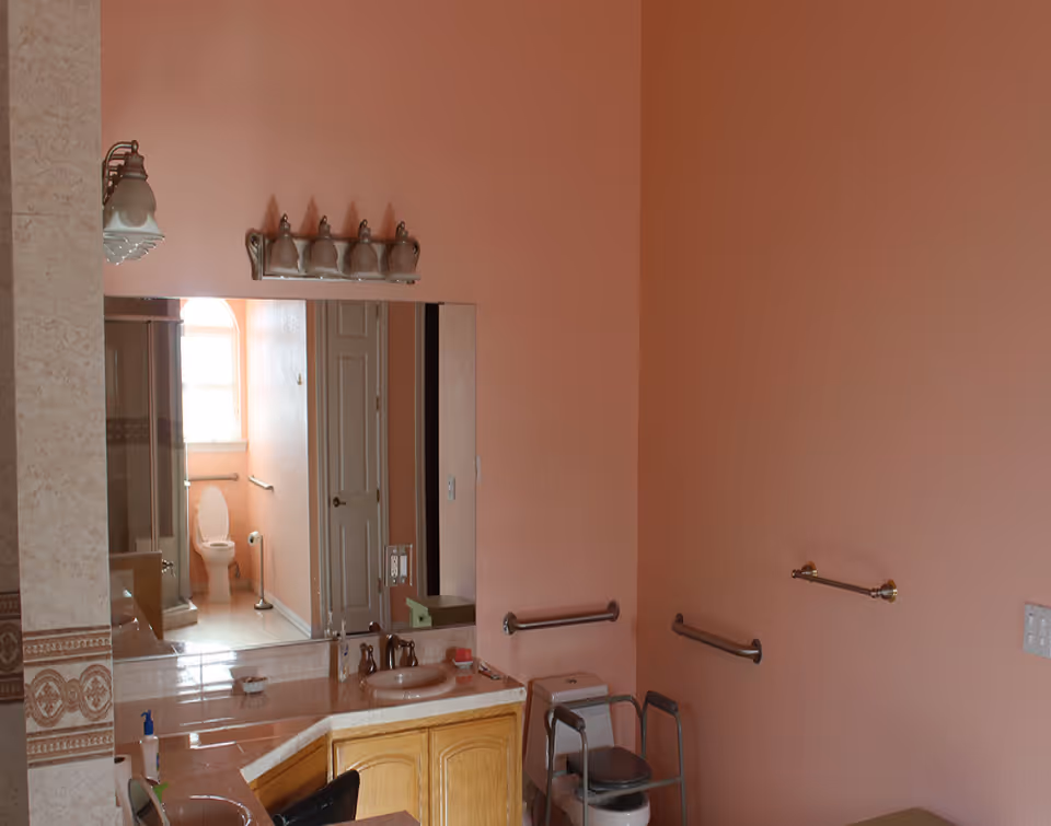 Pink-walled accessible bathroom with a sink and mirror, grab bars, a walker, and a toilet visible in the mirror.