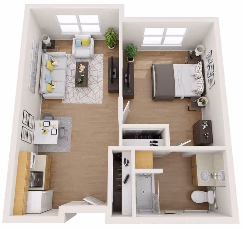 3D floor plan of a senior living apartment featuring a living room with sofa, armchair, coffee table, TV, and plant; a dining area with a small table and two chairs; a kitchen with appliances and cabinets; a bedroom with a bed, nightstands, dresser, and TV; and a bathroom with a shower, toilet, and double sink vanity.