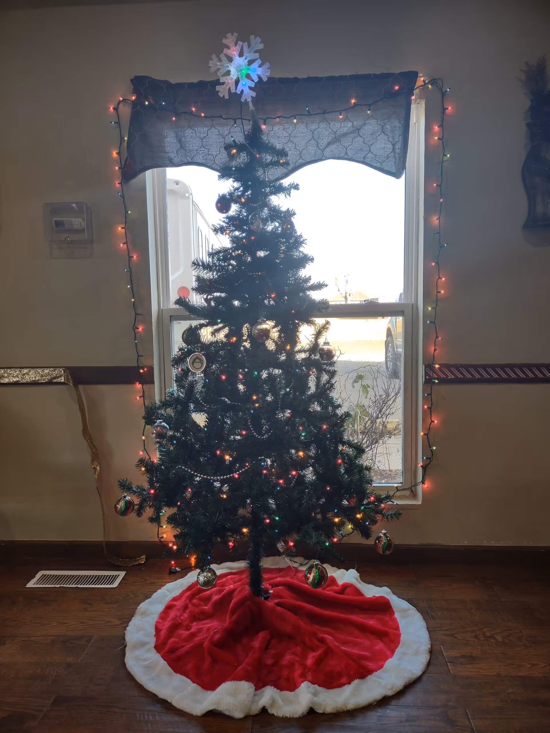 Decorated Christmas tree with lights and ornaments on a red tree skirt placed in front of a window inside a room.