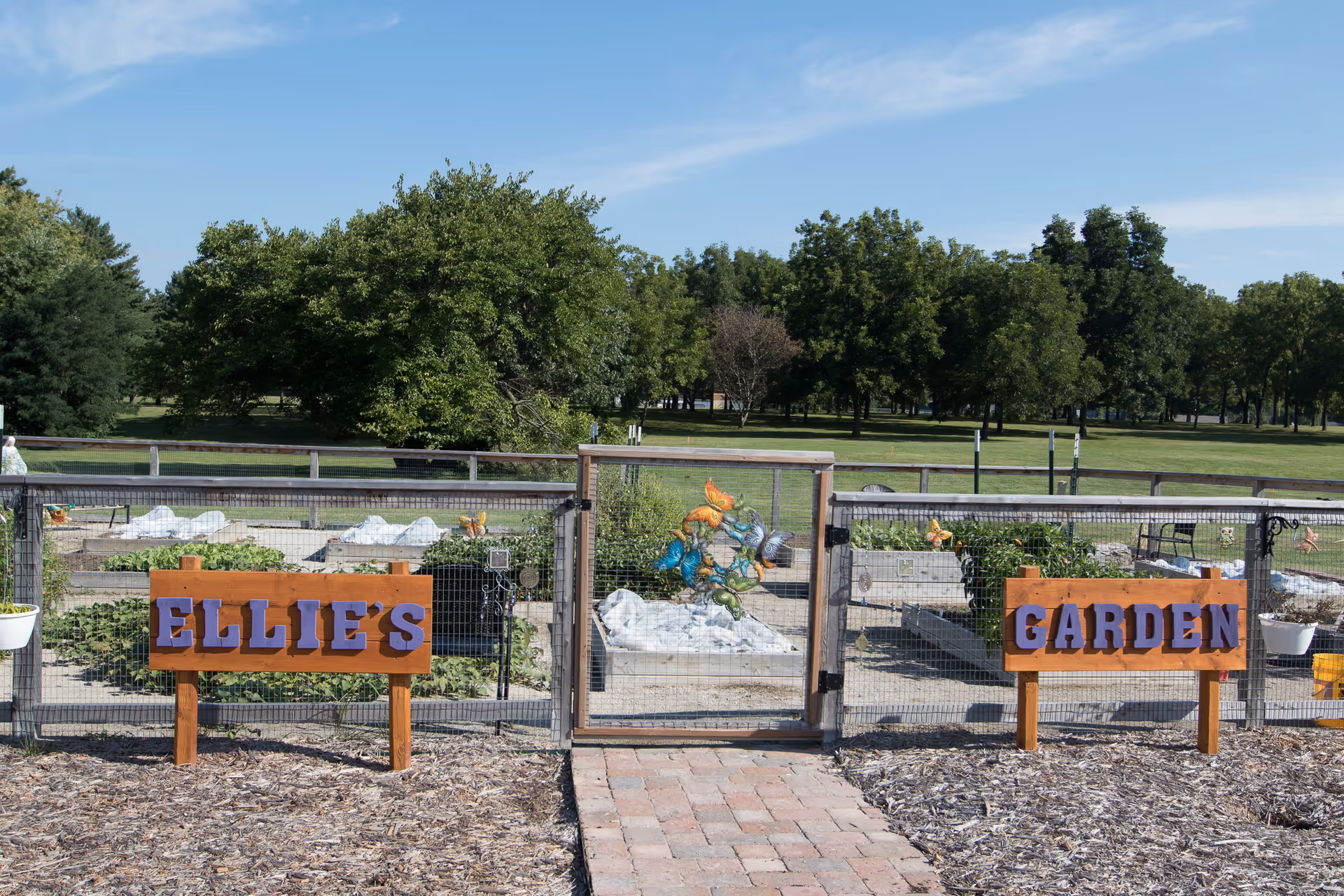 Fenced community garden with a gated entrance and wooden signs reading "ELLIE'S" and "GARDEN" in front of raised beds.