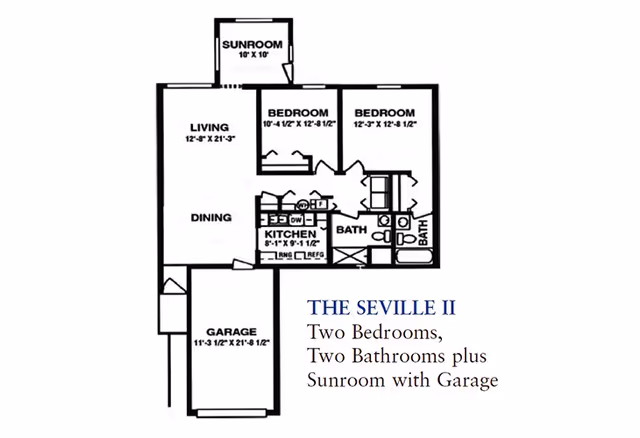 Floor plan of The Seville II featuring two bedrooms, two bathrooms, a sunroom, kitchen, dining and living area, and a garage.