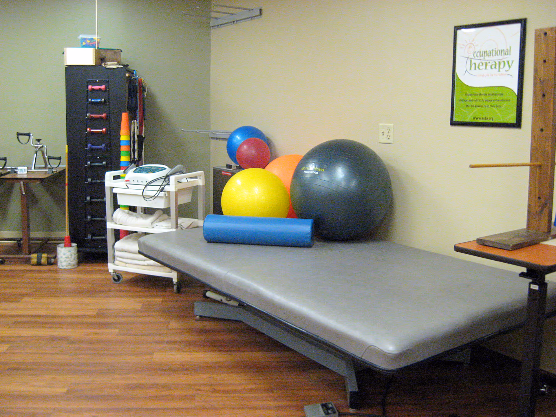 A therapy room with a padded treatment table, several colorful exercise balls, a foam roller, a rack with small dumbbells, and a poster on the wall about occupational therapy.