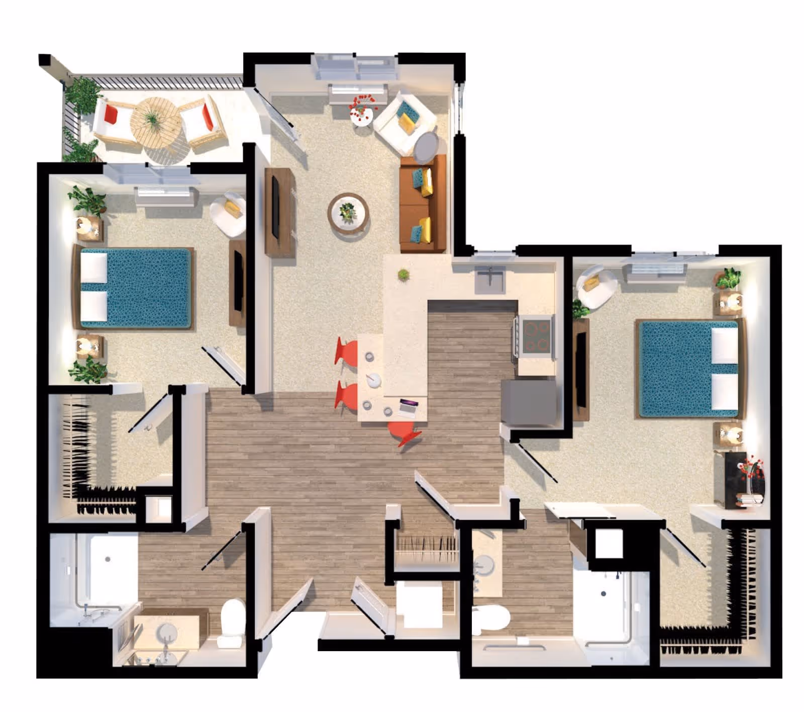 Floor plan of an apartment at Ocean Hills Senior Living Independent Living showing two bedrooms, two bathrooms, a kitchen with an island and three red chairs, a living room with a sofa and chairs, and a balcony with two chairs and a round table.