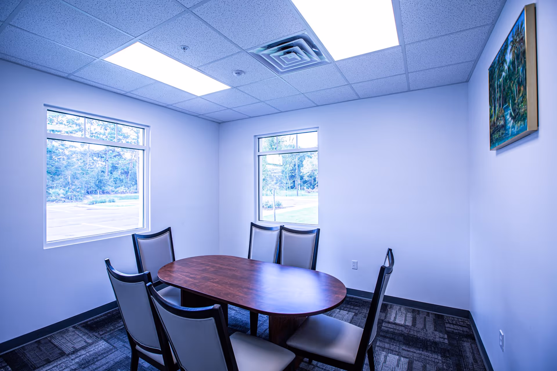 Small meeting room with an oval wooden table surrounded by six chairs with light-colored upholstery. The room has two windows showing greenery outside, a ceiling with fluorescent lights, and a painting on the wall.