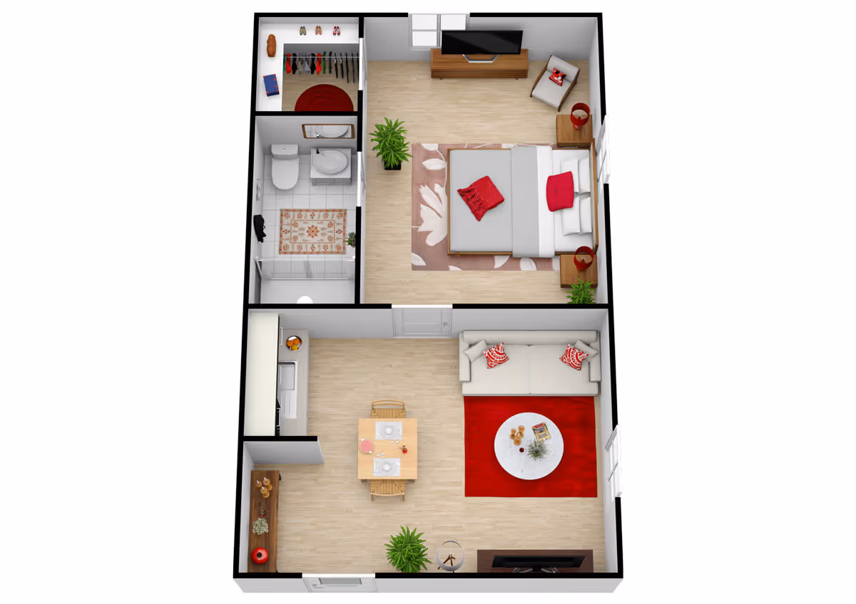 3D floor plan of a one-bedroom apartment at Ridgeland Place showing a living room with a sofa, coffee table, and TV, a dining area with a table set for two, a kitchen with appliances, a bedroom with a bed, nightstands, chair, and TV, a bathroom with a toilet, sink, and shower, and a walk-in closet with hanging clothes and shoes.
