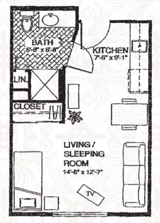 Black-and-white floor plan of a studio apartment showing a combined living/sleeping room, kitchen, bathroom, closet and linen closet.