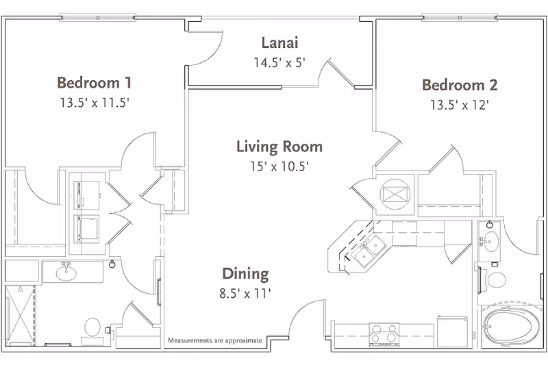 Floor plan of a residential unit at Sandalwood Village showing two bedrooms, a living room, dining area, kitchen, two bathrooms, and a lanai. Bedroom 1 measures 13.5 by 11.5 feet, Bedroom 2 measures 13.5 by 12 feet, the living room is 15 by 10.5 feet, the dining area is 8.5 by 11 feet, and the lanai is 14.5 by 5 feet. The layout includes detailed placements of sinks, toilets, bathtubs, and kitchen appliances.