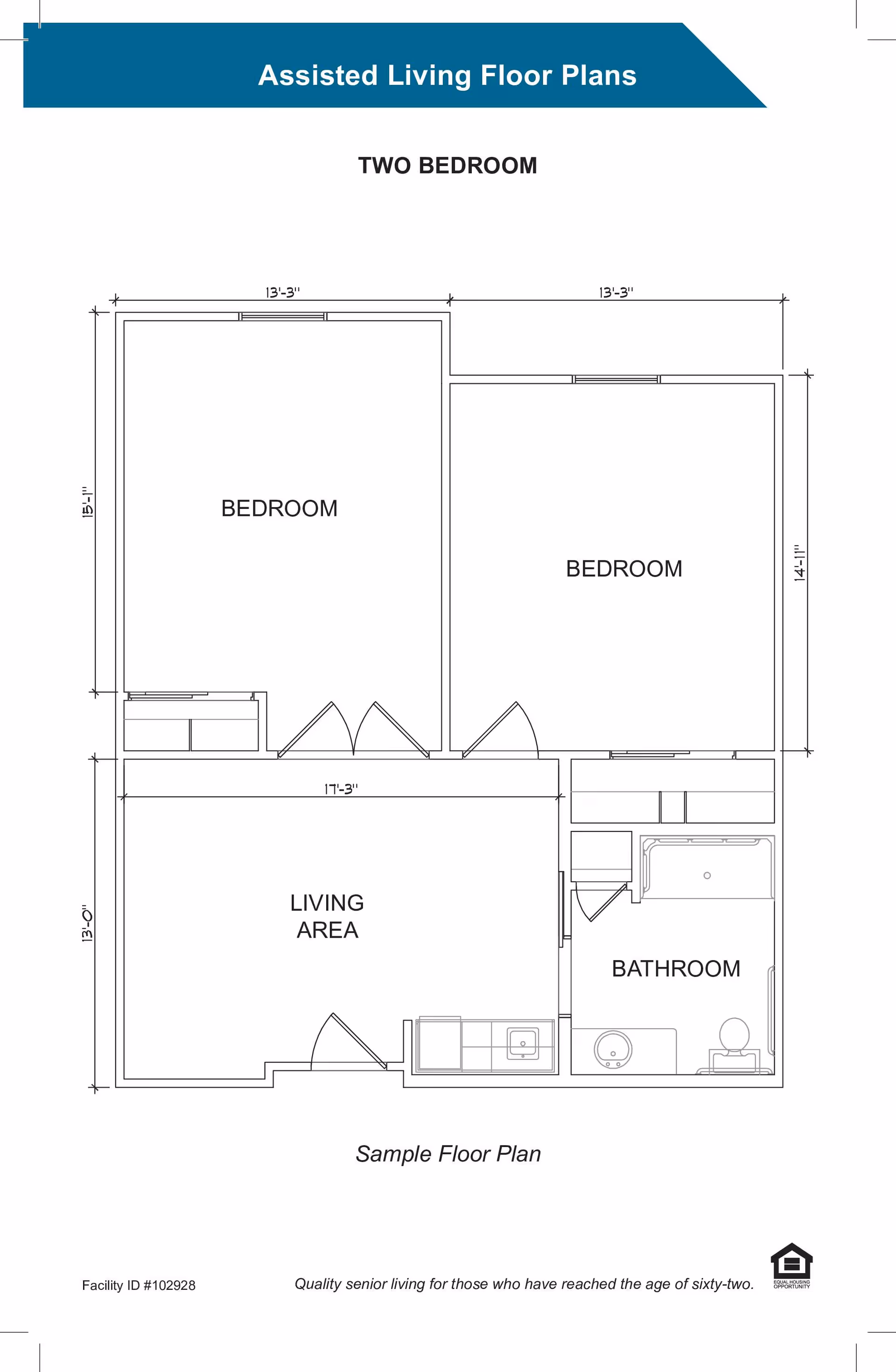 Architectural floor plan of a two-bedroom assisted living unit showing two bedrooms, a living area, and a bathroom with dimensions.
