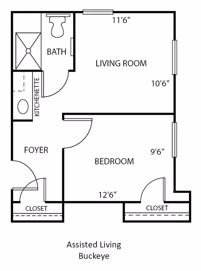Floor plan layout of an assisted living unit named Buckeye at The Woodlands of Shaker Heights, showing a foyer, kitchenette, bath, living room, bedroom, and closets with dimensions.