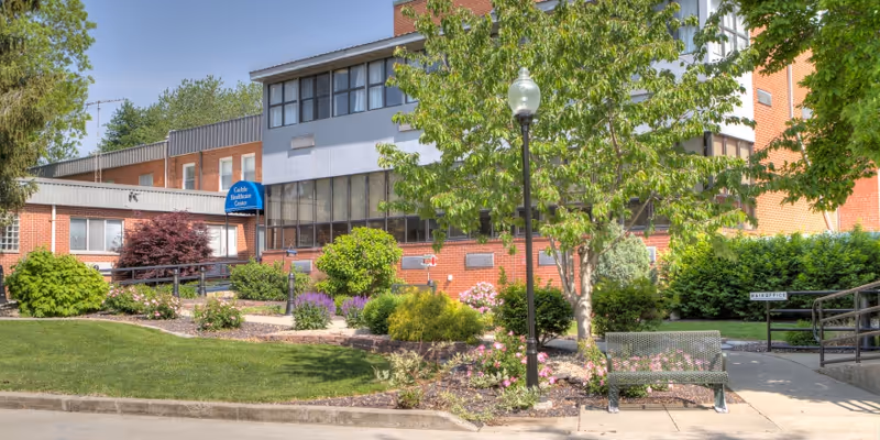 Exterior view of Carlyle Healthcare Center showing a multi-story brick building with large windows, surrounded by well-maintained landscaping including bushes, flowers, and trees. A metal bench and a street lamp are visible on the sidewalk in front of the building.