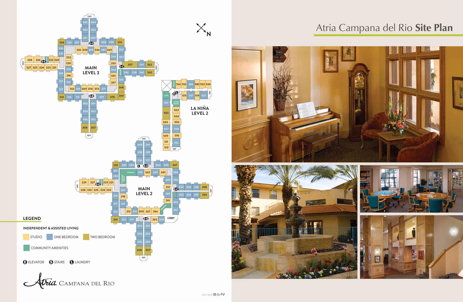 Site plan of Atria Campana del Rio showing main levels 2 and 3 and La Niña level 2 with color-coded legend for studio, one bedroom, two bedroom, and community amenities. Adjacent images show an interior sitting area with a piano and grandfather clock, an outdoor courtyard with a fountain and palm trees, a dining area with tables and chairs, and an interior hallway with stairs and display shelves.