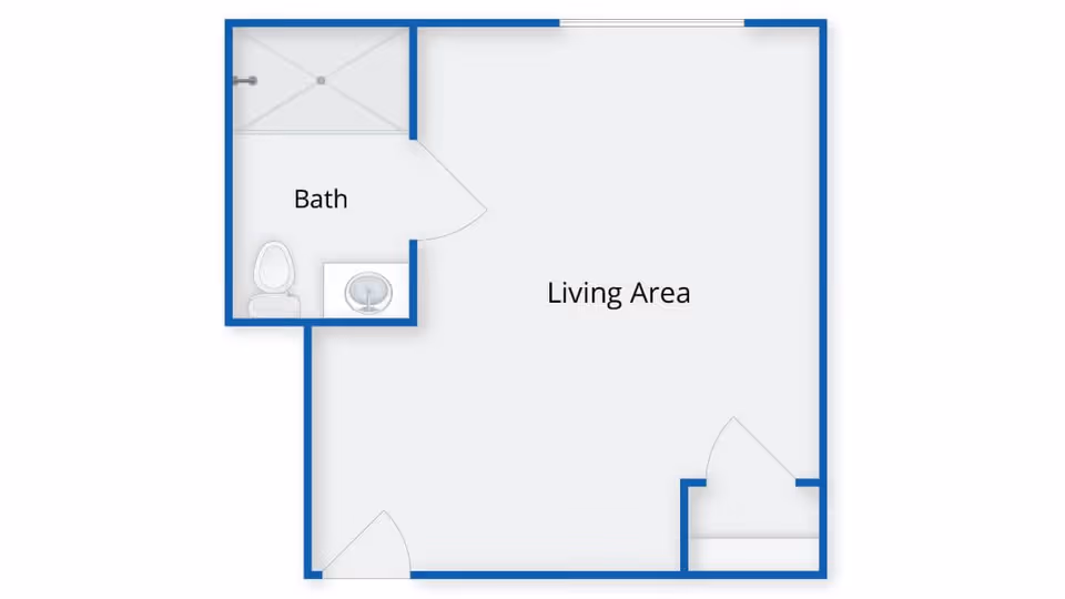 Floor plan of a small living space labeled The Atrium at Rocky Hill, showing a living area and a separate bath with a toilet, sink, and shower.