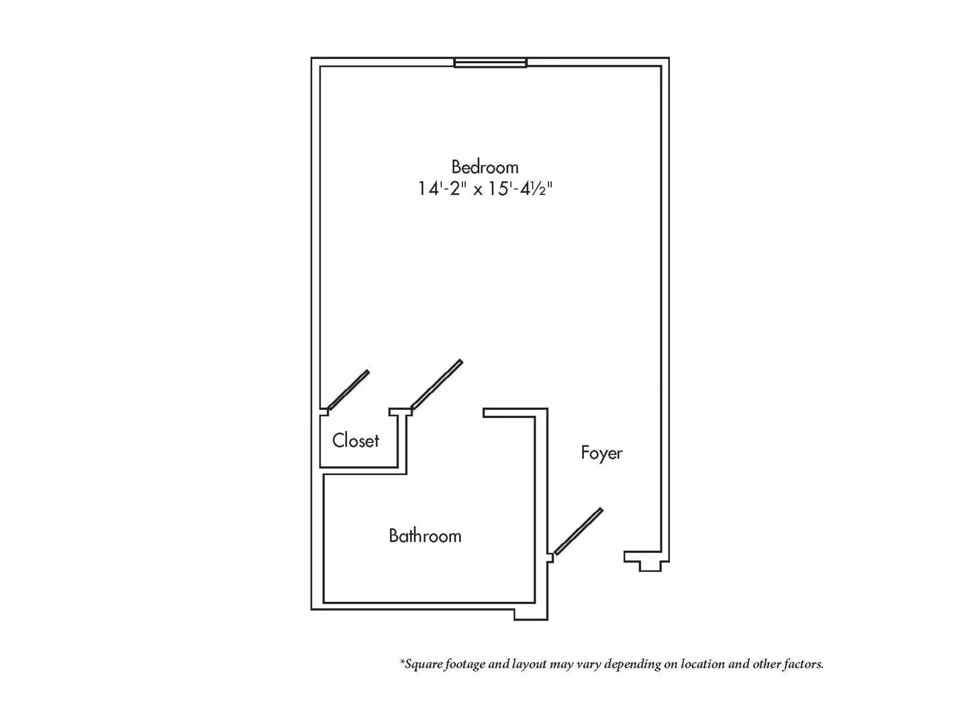 Architectural floor plan showing a layout with a bedroom measuring 14 feet 2 inches by 15 feet 4 and a half inches, a closet, a bathroom, and a foyer area. Note indicates that square footage and layout may vary depending on location and other factors.