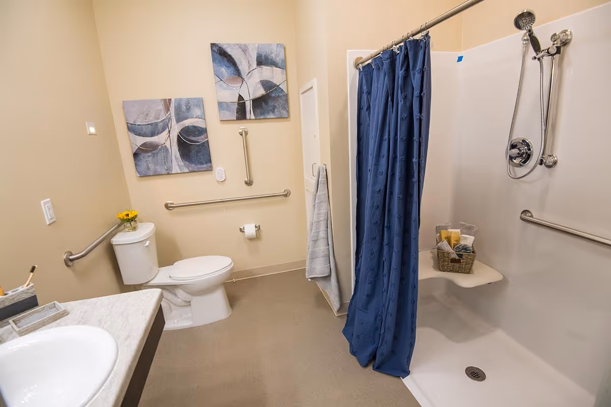 A clean and accessible bathroom with beige walls, featuring a white toilet with a small vase of yellow flowers on top, a white sink with a marble countertop, and a walk-in shower with a blue curtain and grab bars. Two abstract paintings hang on the wall above the toilet.