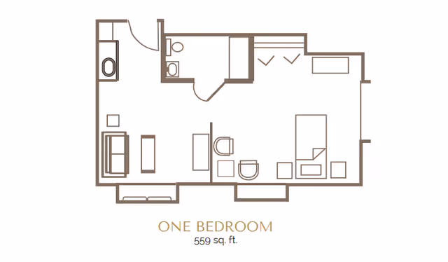 Floor plan of a one-bedroom apartment with a total area of 559 square feet. The layout includes a bedroom with a bed and two nightstands, a living area with a sofa and coffee table, a kitchen area, and a bathroom with a toilet and sink.