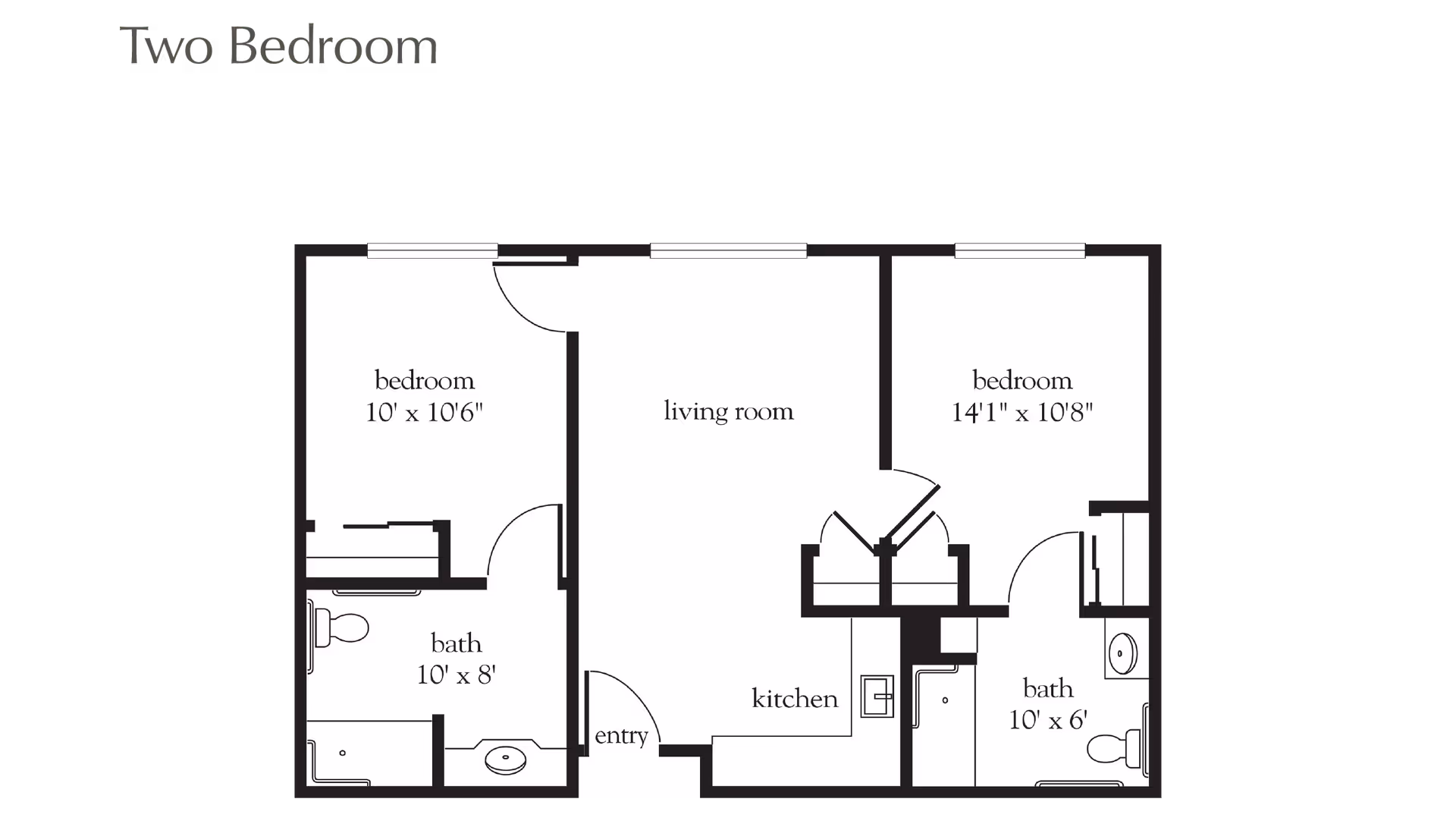 Floor plan of a two-bedroom apartment showing dimensions and layout including two bedrooms, two bathrooms, a living room, kitchen, and entry area.