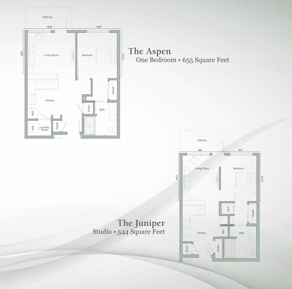Floor plans for two apartment layouts at Legacy Village of Castle Pines. The Aspen is a one-bedroom unit with 655 square feet, featuring a living room, kitchen, bedroom, bathroom, laundry room, closets, and a balcony. The Juniper is a studio with 544 square feet, including a living room, kitchen, bedroom area, bathroom, closets, and a balcony.