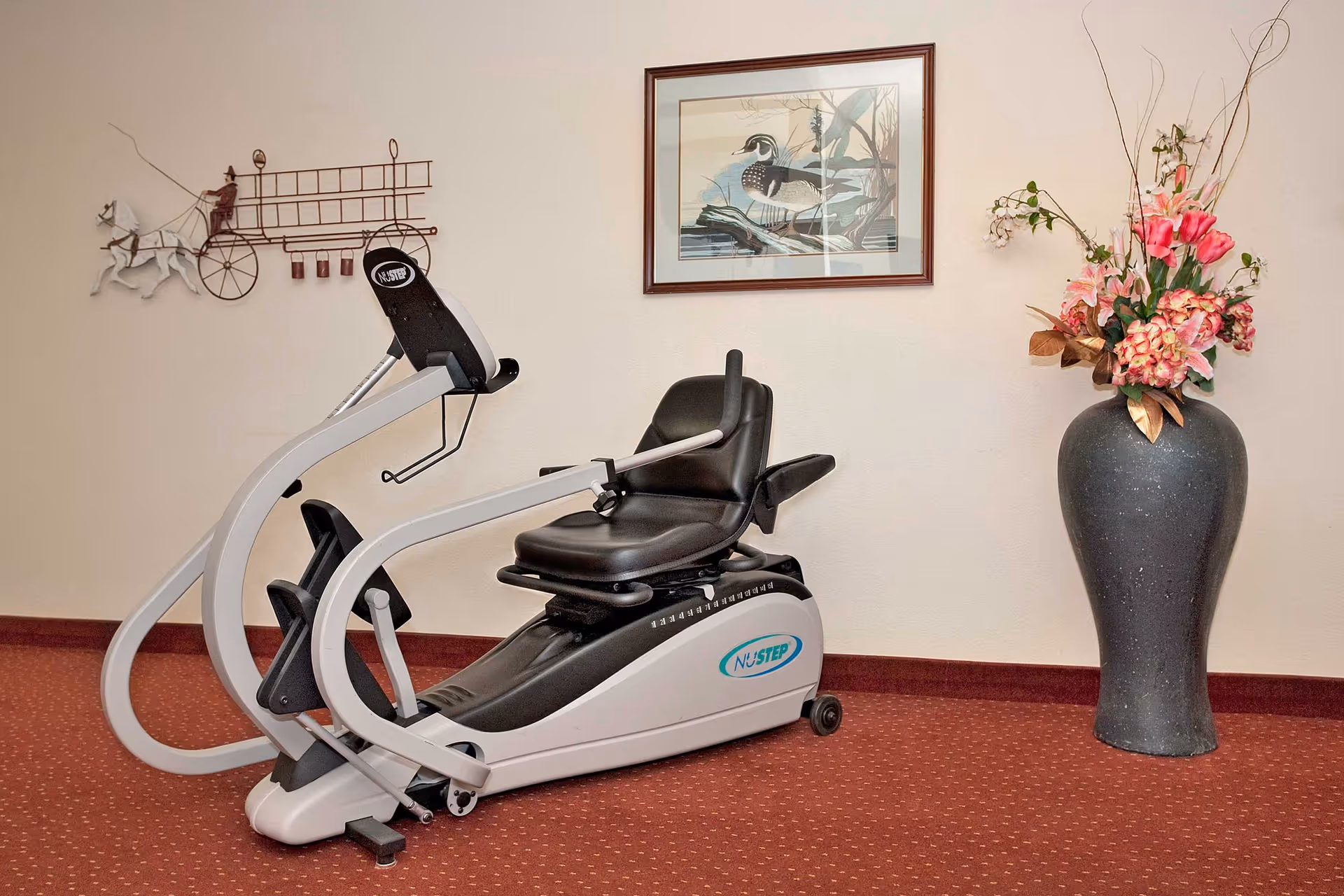 A NuStep exercise machine with a black seat and silver frame is placed on a red carpeted floor against a beige wall. To the right of the machine is a tall dark vase with pink and white flowers and decorative branches. On the wall above the machine is a framed picture of a bird near water and a metal wall decoration depicting a horse-drawn carriage.
