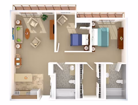 3D floor plan of an apartment featuring a living room with seating and TV, a kitchen with appliances and a dining area, two bedrooms with beds and furniture, and two bathrooms with sinks, toilets, and bathtubs. The layout includes closets and windows along the top side.