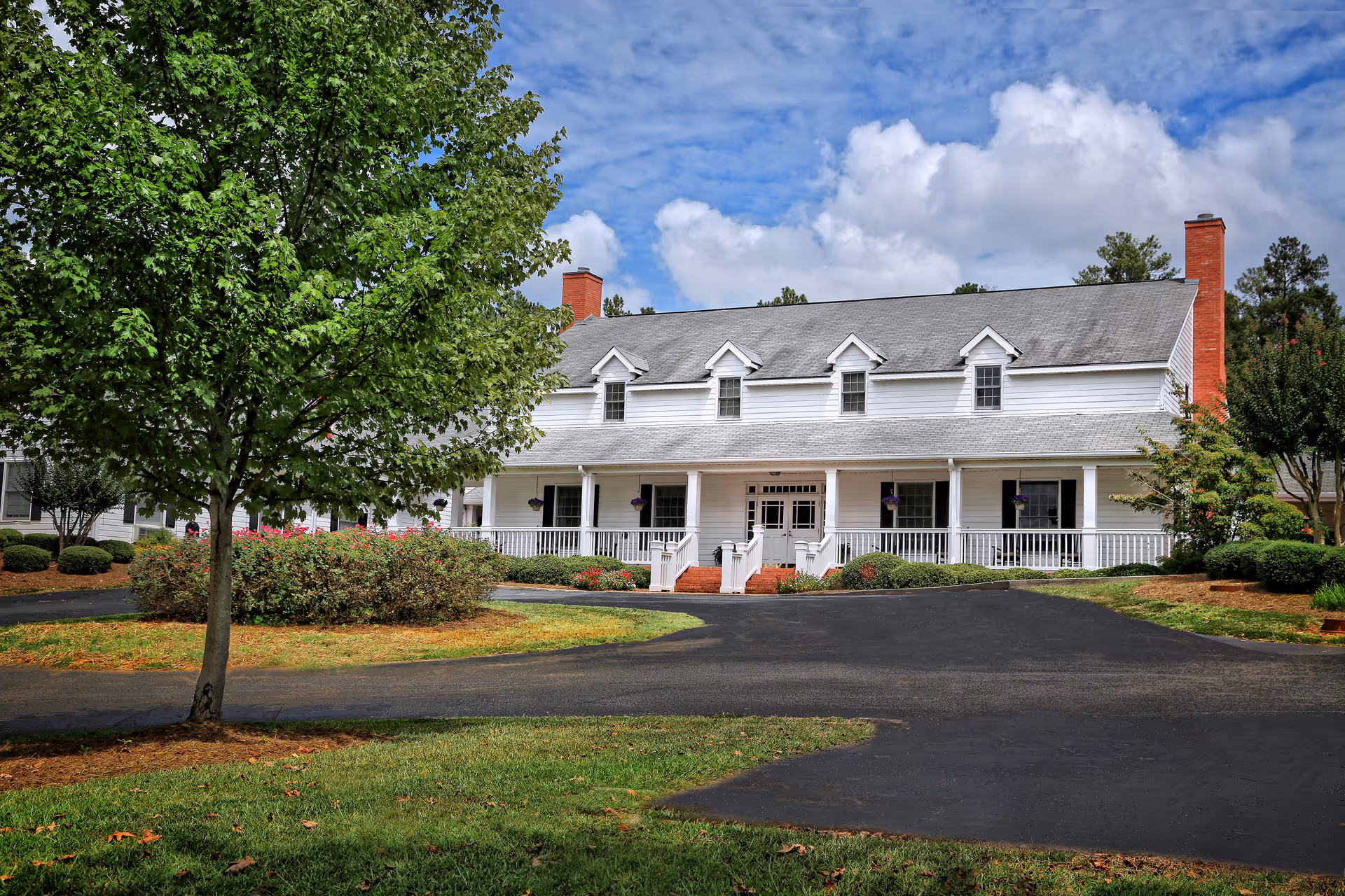 A senior living facility named 'The Woods Senior Care' surrounded by trees and greenery.